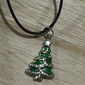 Silver-Tone Green Christmas Tree Pendant Necklace - Unbranded